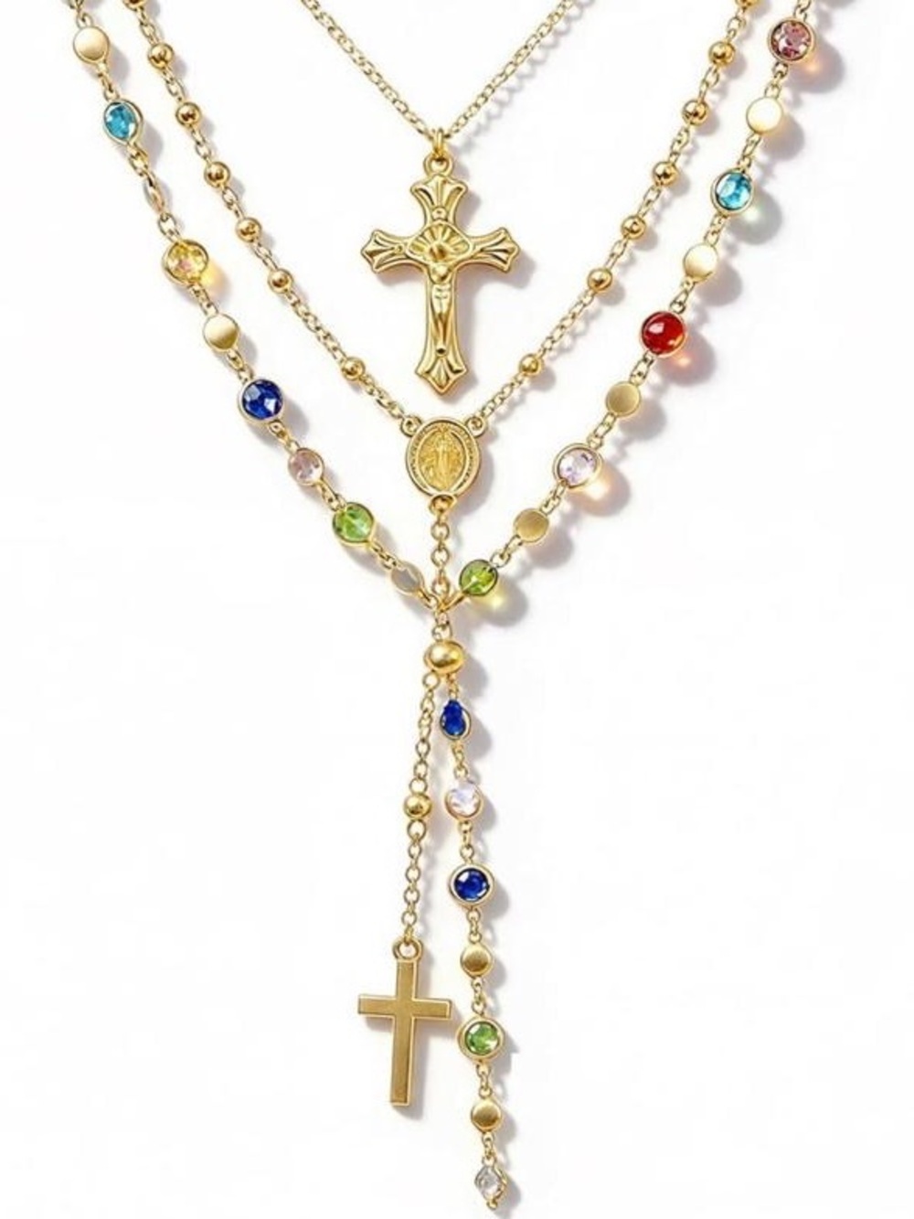 Anthropologie Gold Layered Cross Necklace with Multicolor Stones - Picture 2 of 5